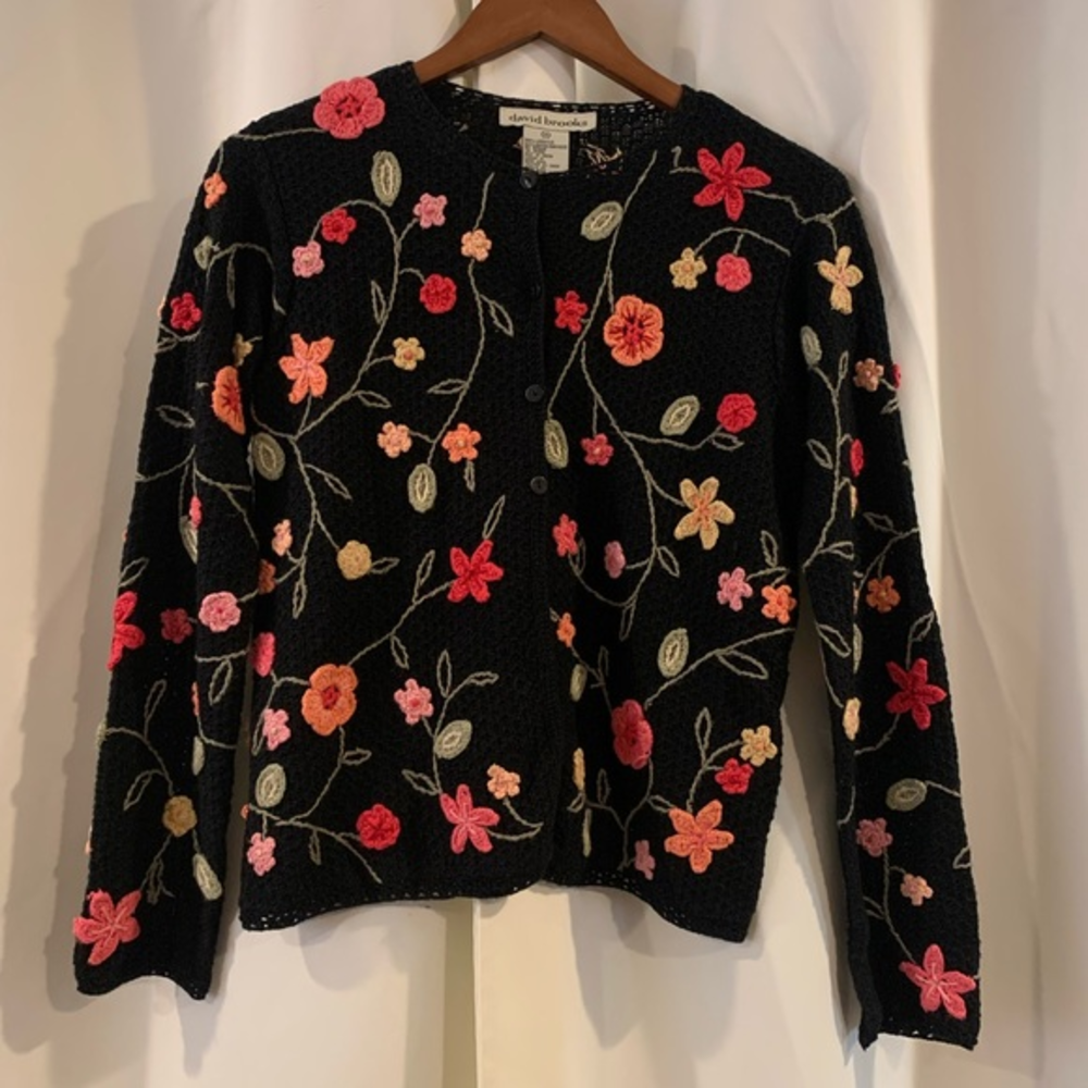 DAVID BROOKS Cardigan‎ Sweater Black Colorful Floral Embroidered Cottagecore S